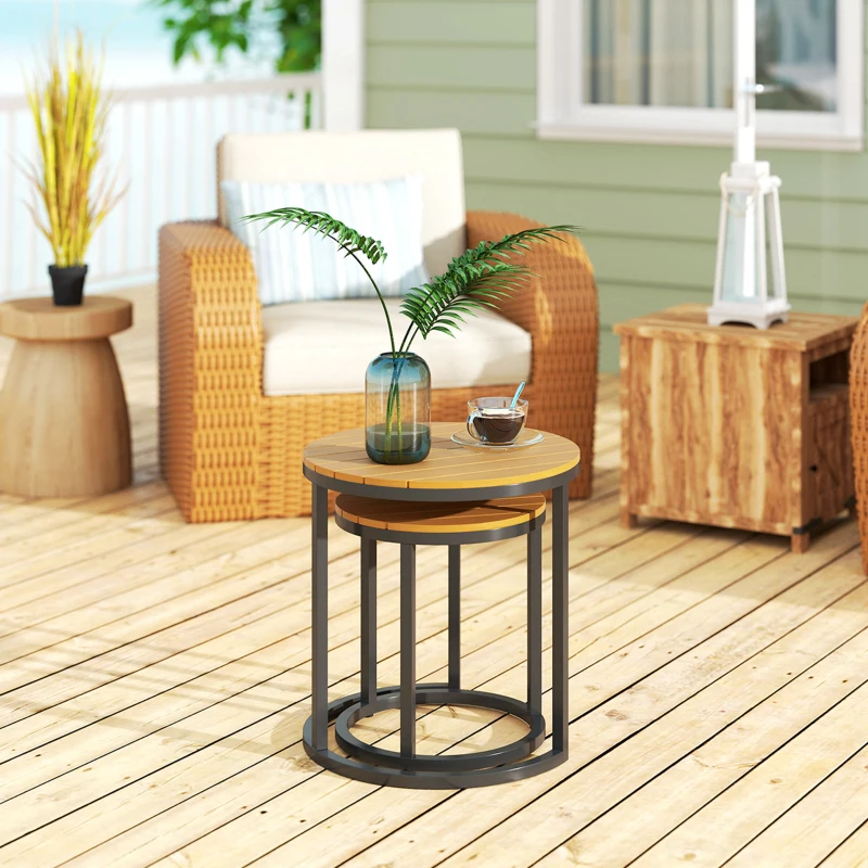 Outsunny Conjunto de 2 Mesas de Jardim com Bancada de Madeira de Acácia Design Ripas Mesas Auxiliares de Jardim Empilháveis Teca e Preto