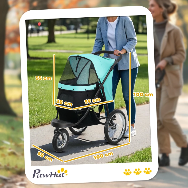 PawHut Hondenbuggy voor Kleine Honden en Katten - Met Opbergmand, Één-Klik Opvouwbaar Ontwerp, Turquoise(m-3)