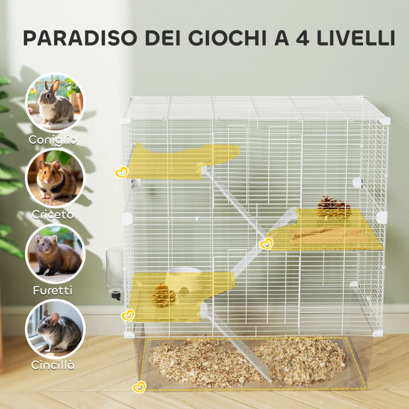 PawHut Gabbia per Roditori Multilivello con Accessori Inclusi, in Acciaio, PET e PS, 73x47x80 cm, Bianco