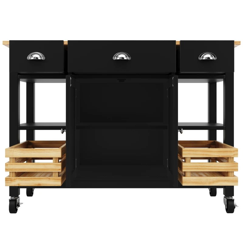 Isola da cucina moderna con lati pieghevoli, spazio di conservazione multifunzionale, 120×45×90 cm, Nero e Legno naturale