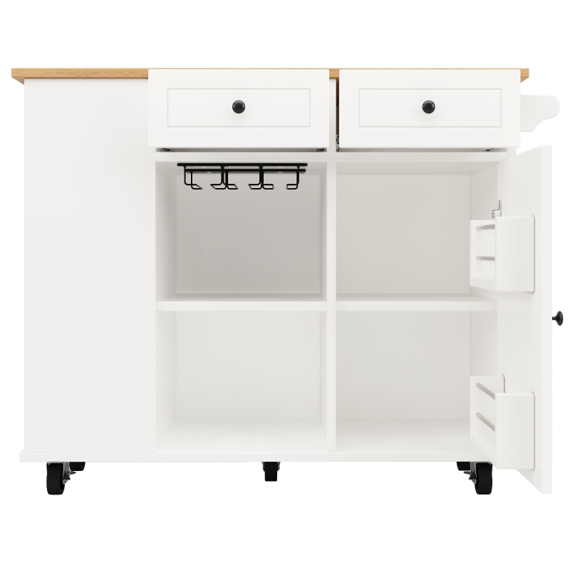 Insulă de bucătărie cu blat de lucru reglabil și spațiu de depozitare, Cărucior pliabil, 120x42x91,5 cm, Alb