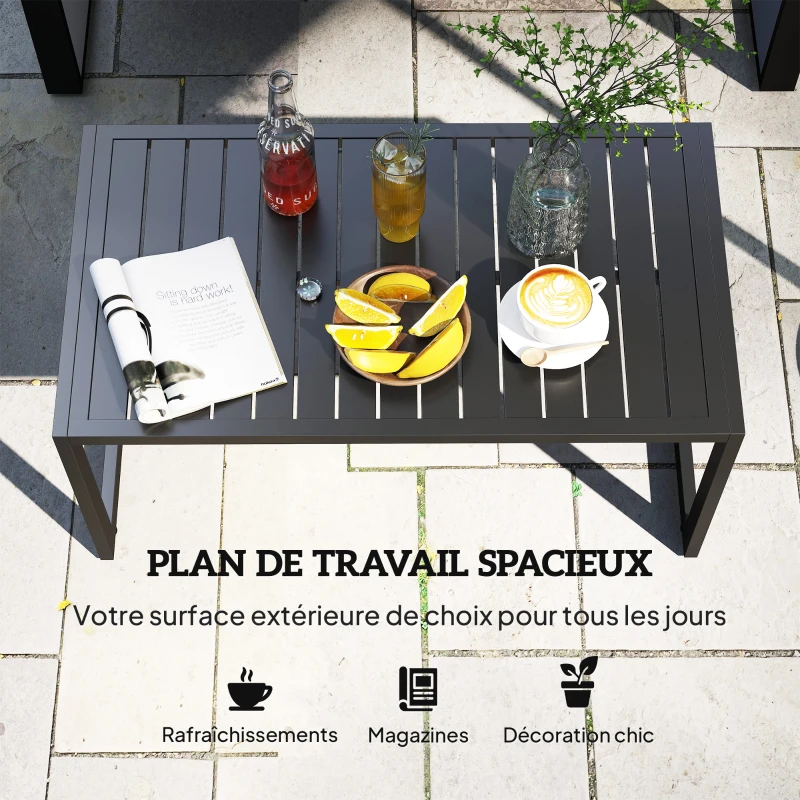 Outsunny Table basse extérieure avec plateau à lattes, cadre en aluminium, pour balcon, patio, terrasse, 90 x 50 x 42 cm, noir