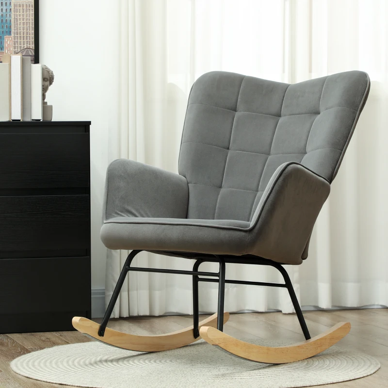 HOMCOM Vintage Schommelstoel, Gebogen Lopers, Dikke Bekleding, Beukenhout & Staal, Donkergrijs