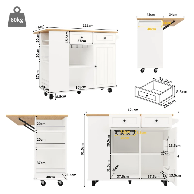 Insulă de bucătărie cu blat de lucru reglabil și spațiu de depozitare, Cărucior pliabil, 120x42x91,5 cm, Alb