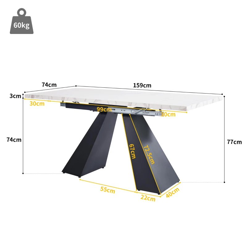 Masă de luat extensibilă, pentru living și birou de acasă, 159x74x77 cm, Alb+Negru