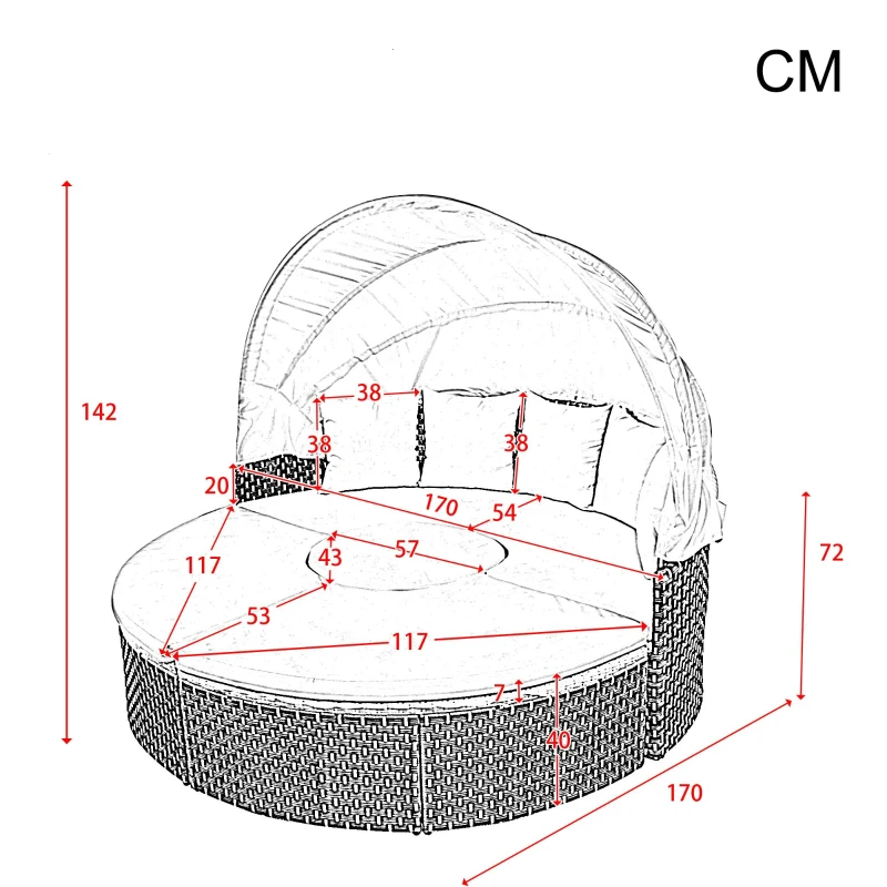 Ensemble de fauteuils de jardin-lounge, île ensoleillée avec baldaquin rétractable et plateau de table relevable, Beige