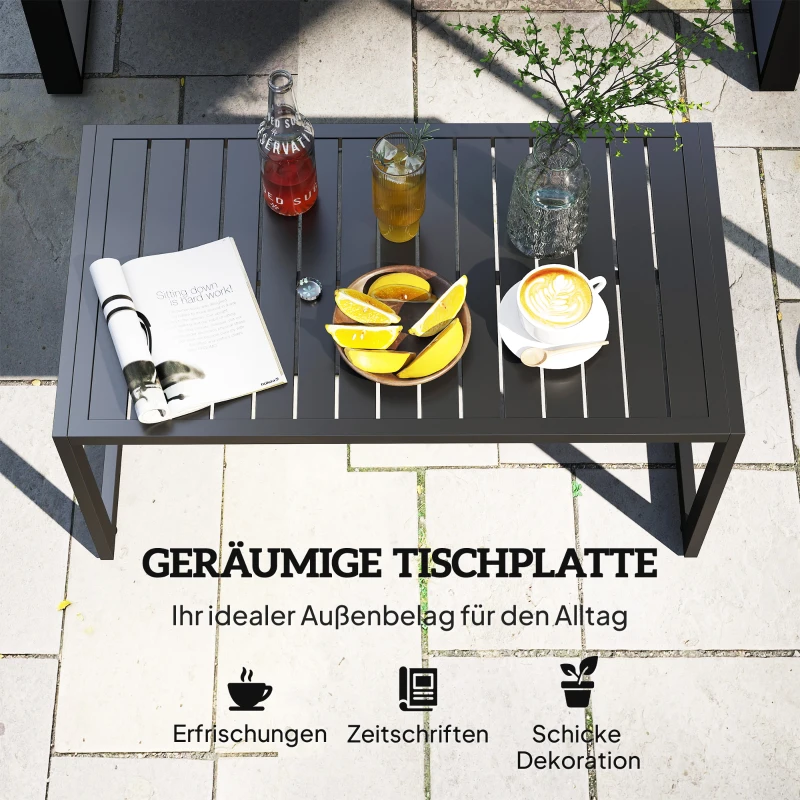 Outsunny Beistelltisch mit Latten-Design Balkontisch aus Aluminium Kaffeetisch wetterfest 90 x 50 x 42 cm Schwarz