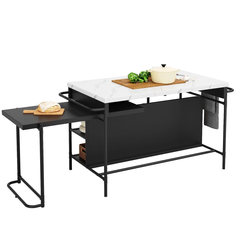 Îlot de cuisine avec espace de rangement et plateau extensible, design multifonctionnel, Noir+Blanc(m-9)