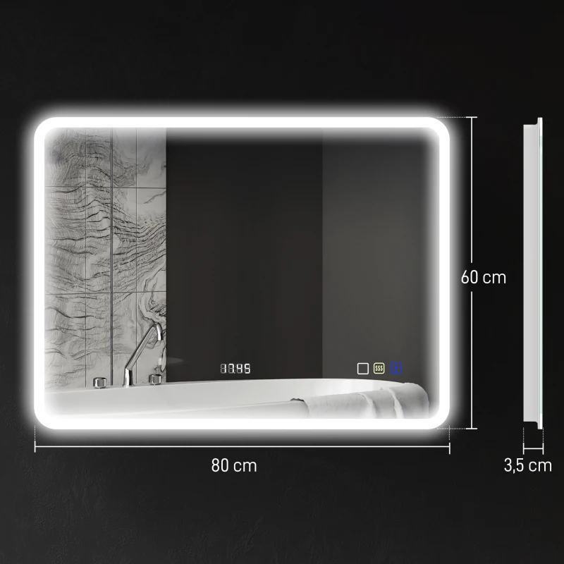 HOMCOM Espelho de Casa de Banho com Luz LED 80x60 cm Bluetooth 3 Cores de Luz Relógio Digital Função Antiembaciamento Função de Memória Prata