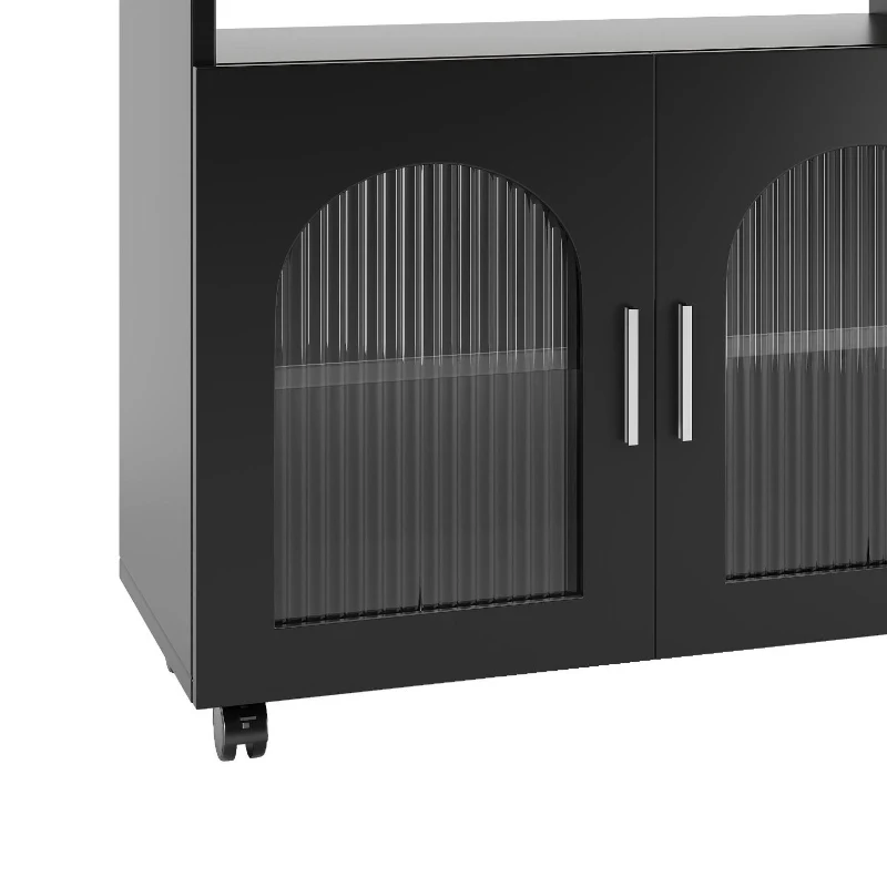 Îlot de cuisine moderne, chariot de service multifonctionnel avec espace de rangement et armoires à porte vitrée, 120×30×79,5 cm, Noir+Couleur naturelle