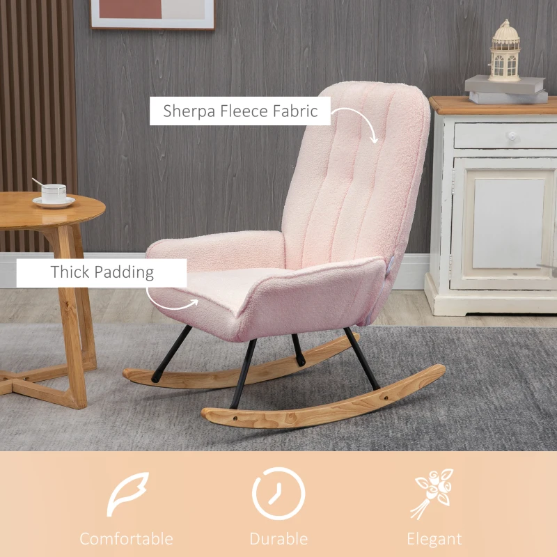 HOMCOM Schommelstoel Modern Design Schommelstoel, Sherpa Fleece, Gestikt, 63 cm x 95 cm x 97 cm Natuur + Roze