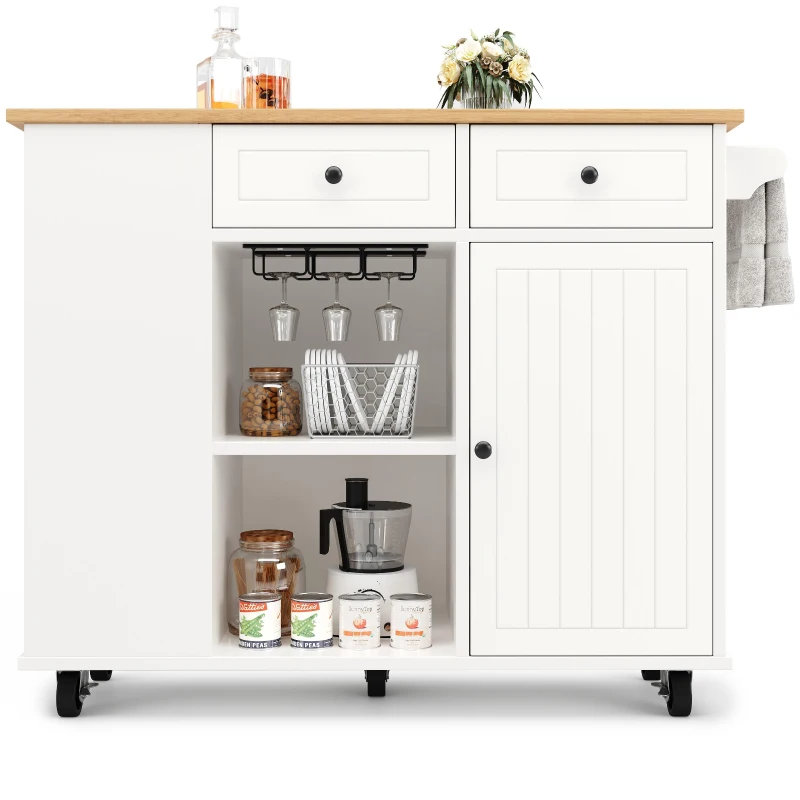 Insulă de bucătărie cu blat de lucru reglabil și spațiu de depozitare, Cărucior pliabil, 120x42x91,5 cm, Alb