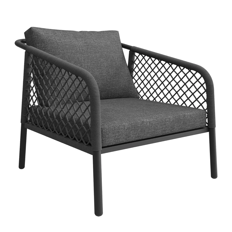 Set da giardino, Set di divani da esterno moderno con piano del tavolo in vetro e cuscini di seduta e schienale, Grigio