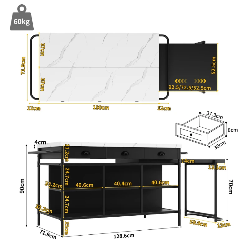 Îlot de cuisine avec espace de rangement et plateau extensible, design multifonctionnel, Noir+Blanc(m-3)