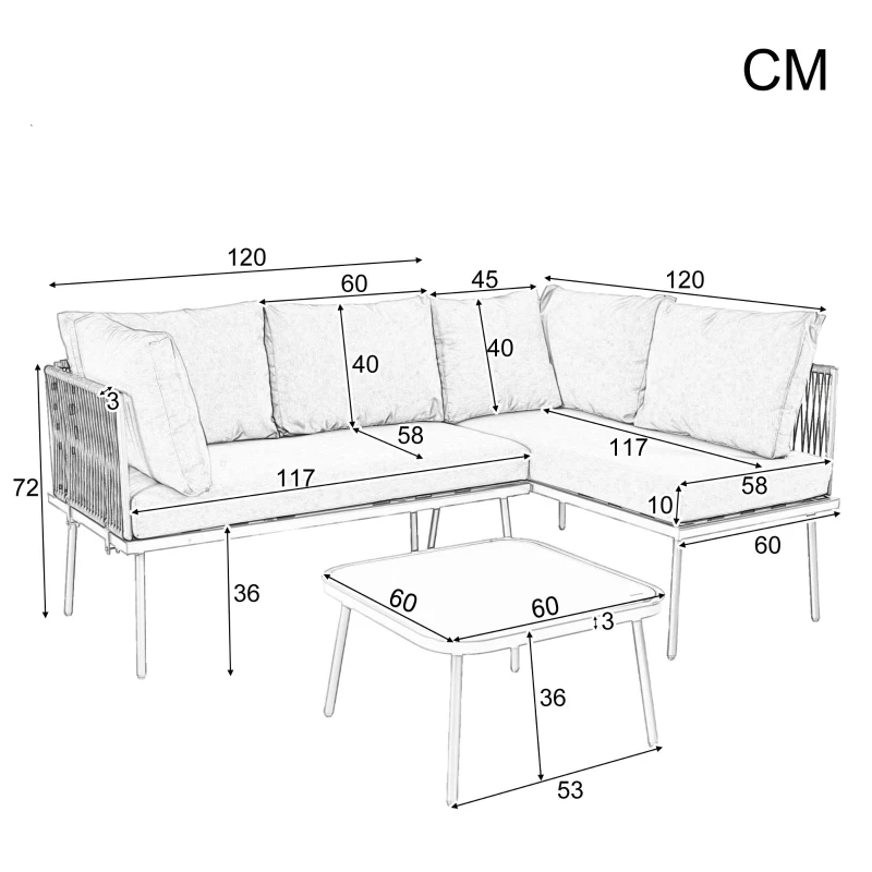 Ensemble de salon de jardin, ensemble de meubles de jardin en forme de L avec corde tissée à la main, 2 canapés et 1 table , Fauve