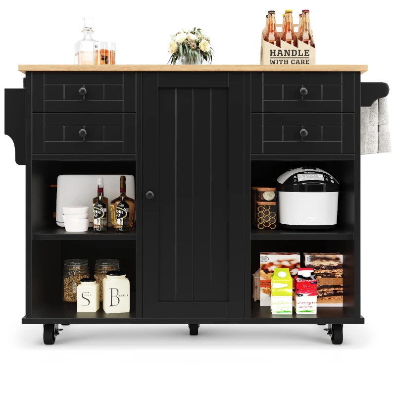 Îlot de cuisine moderne, espace de rangement multifonctionnel, 127x46x91,5 cm, Noir