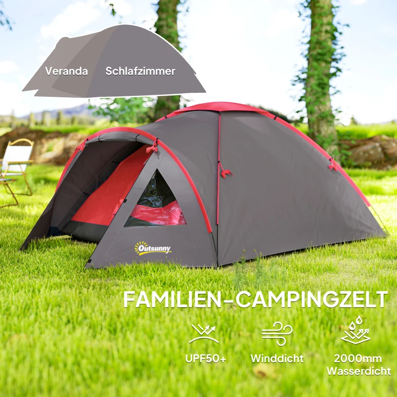 Outsunny Campingzelt für 3 Personen leicht, stabil wasserdicht UV 50+ mit Vordach Tür Fenster, Bodenplane Grau(m-4)