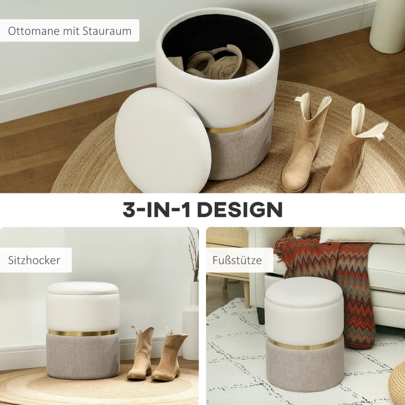 HOMCOM Sitzhocker mit Stauraum Hocker mit Deckel, Metallring, zweifarbig Design 36 x 36 x 44 cm Cremeweiß(m-6)