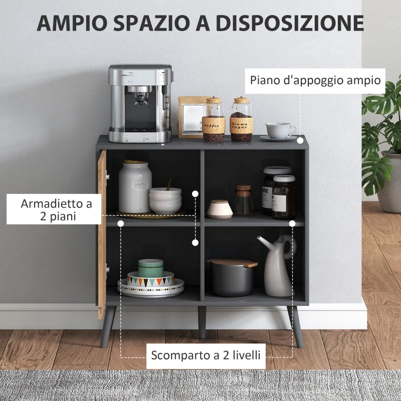 HOMCOM Credenza Moderna con Armadietto e Vano Portaoggetti, in Legno, 80x39x76 cm, Grigio Scuro