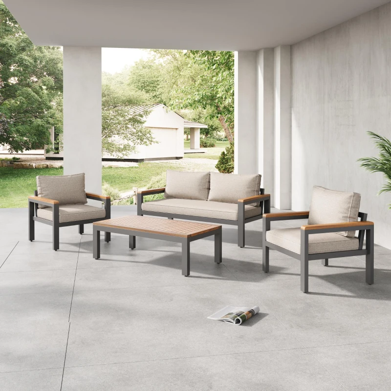 Juego de Muebles de Jardín de 4 Piezas con Sofá de 2 Plazas 2 Sillones Individuales y Mesa Beige