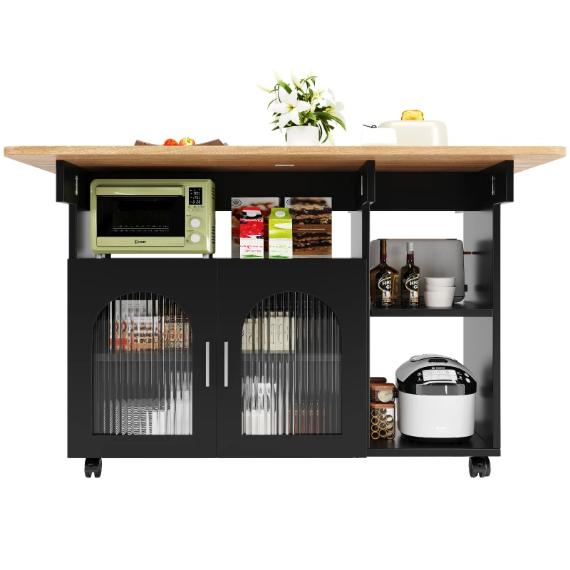 Isla de Cocina Moderna Carrito de Servicio Multifuncional con Espacio de Almacenamiento y Armarios con Puertas de Vidrio 120x30/70x79,5 cm Negro y Natural