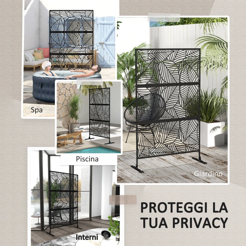 Outsunny Separé Divisorio da Esterno Decorativo e Traliccio per Piante, Design a Foglie, 122x45x198 cm, Nero
