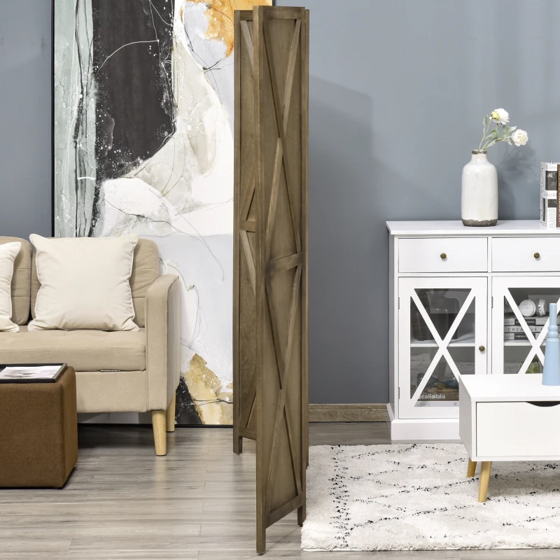 HOMCOM Biombo de 4 Painéis Separador de Ambientes Dobrável 182x170 cm Divisória para Espaços de Madeira Marrom Acinzentado