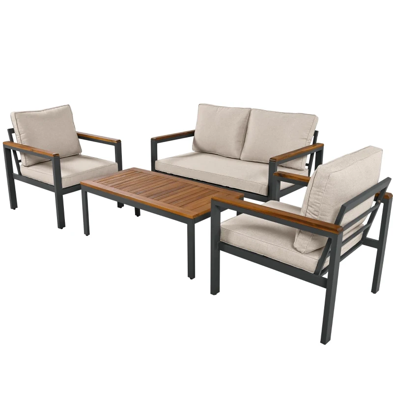 Juego de Muebles de Jardín de 4 Piezas con Sofá de 2 Plazas 2 Sillones Individuales y Mesa Beige
