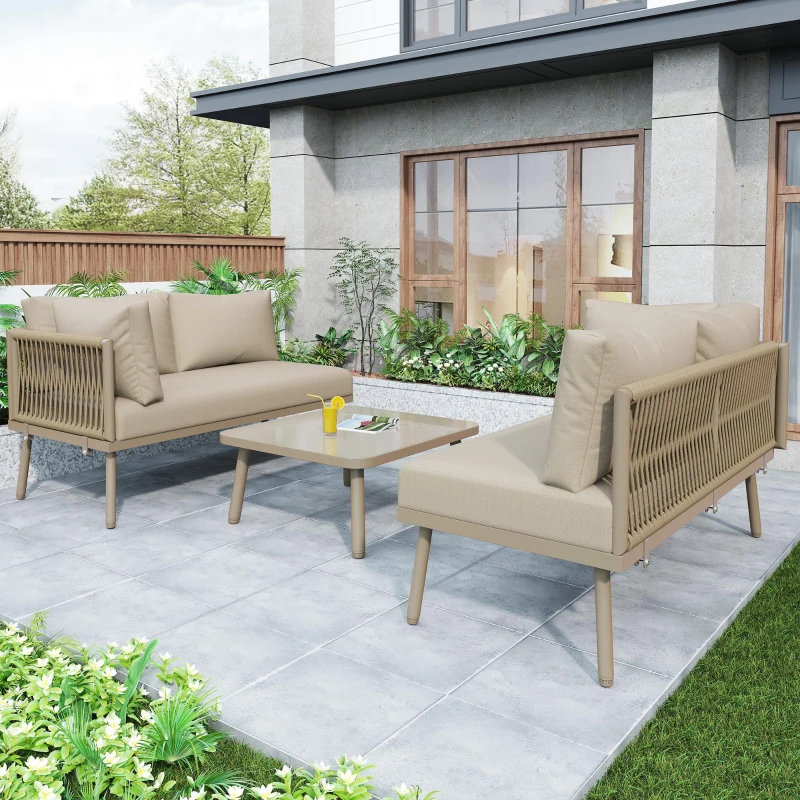 Ensemble de salon de jardin, ensemble de meubles de jardin en forme de L avec corde tissée à la main, 2 canapés et 1 table , Fauve