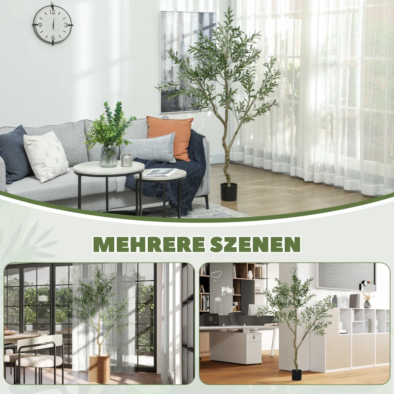HOMCOM Künstlicher Olivenbaum, Kunstpflanze, Lebensechte Olivenpflanze in Pflanztopf, 180 cm, Kunststoff, Grün