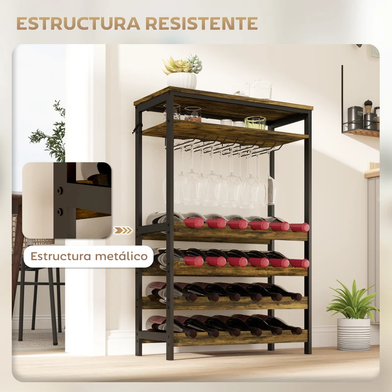 HOMCOM Botellero Vino para 24 Botellas con Soporte para Copas y Estante Abierto 66x30x100,3 cm Marrón Rústico