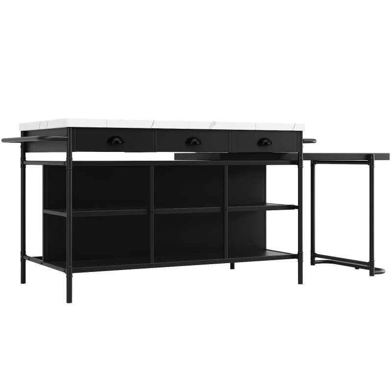 Îlot de cuisine avec espace de rangement et plateau extensible, design multifonctionnel, Noir+Blanc(m-8)