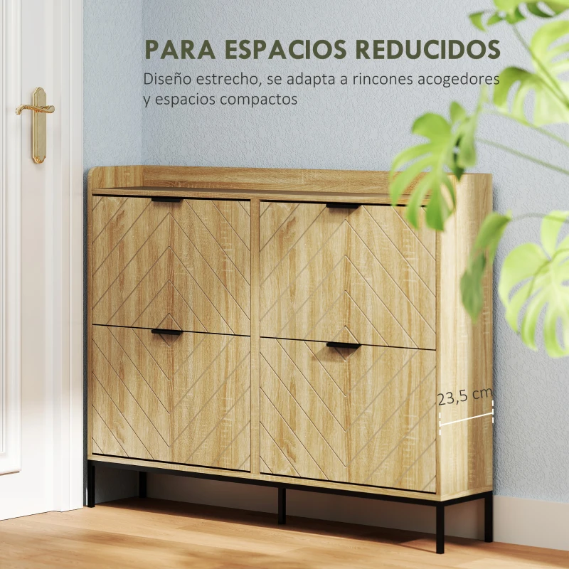 HOMCOM Zapatero Estrecho con 4 Cajones Abatibles y Superficie Elevada para 16 Pares de Zapatos para Espacios Reducidos Roble