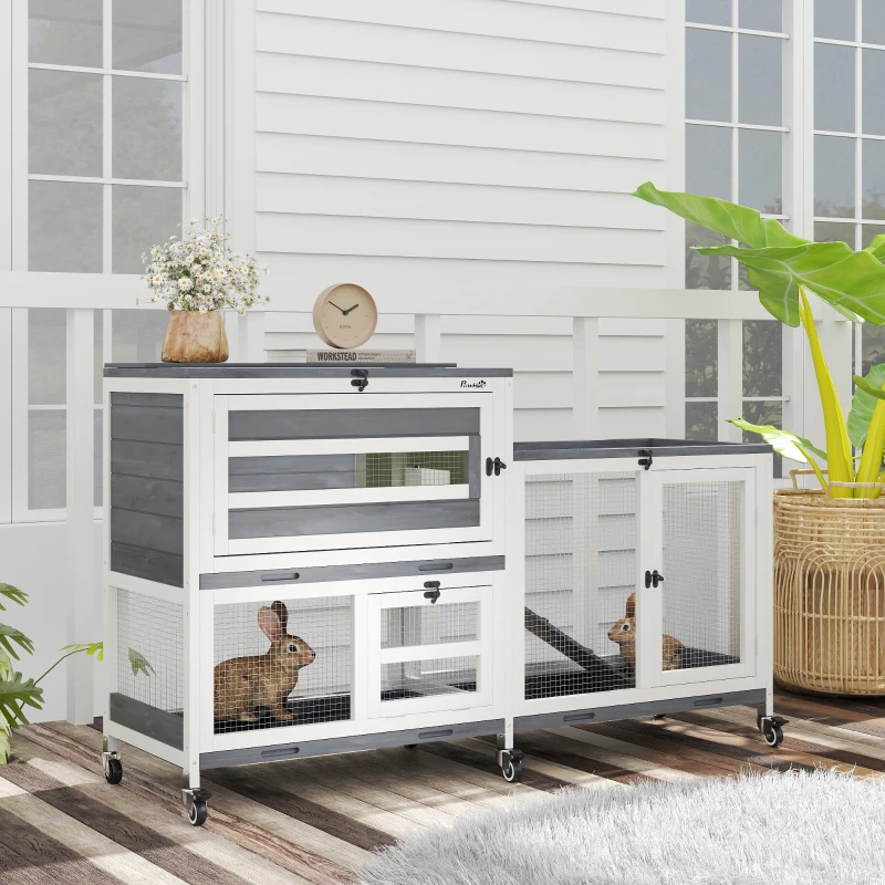 PawHut Conigliera a 2 Livelli con Rampa e 3 Vassoi, in Legno di Abete e Acciaio, 147x45x89.5 cm, Grigio e Bianco