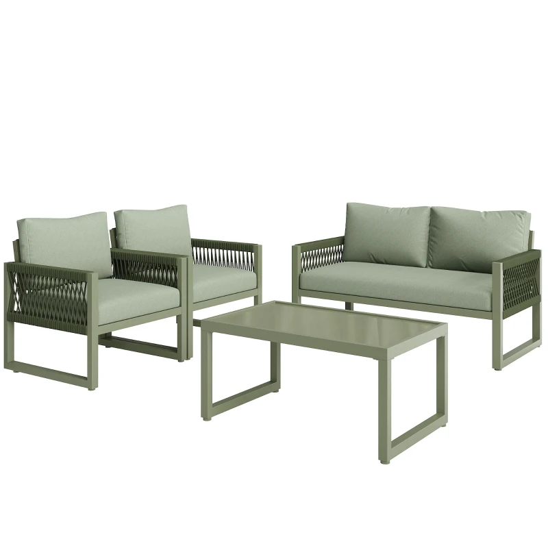 Ensemble de salon de jardin, ensemble de meubles de jardin moderne en 4 pièces en corde avec coussins de siège, Vert