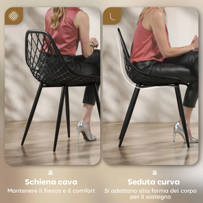 HOMCOM Set 4 Sedie da Pranzo Moderne con Schienale Traforato in Plastica e Gambe in Metallo, Nero