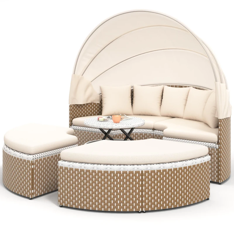 Ensemble de fauteuils de jardin-lounge, île ensoleillée avec baldaquin rétractable et plateau de table relevable, Beige