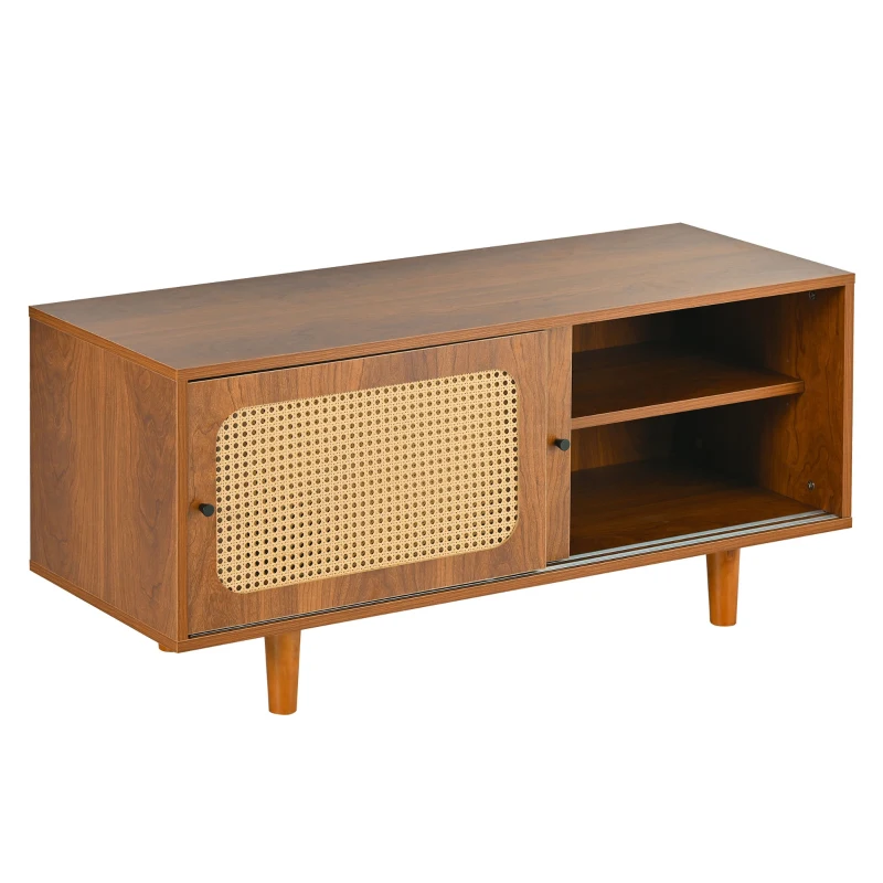 Scarpiera con Seduta per Ingresso e Soggiorno, Stile Vntage e Classica, Ante Scorrevoli in Rattan, 104x40x48 cm, Colore Noce