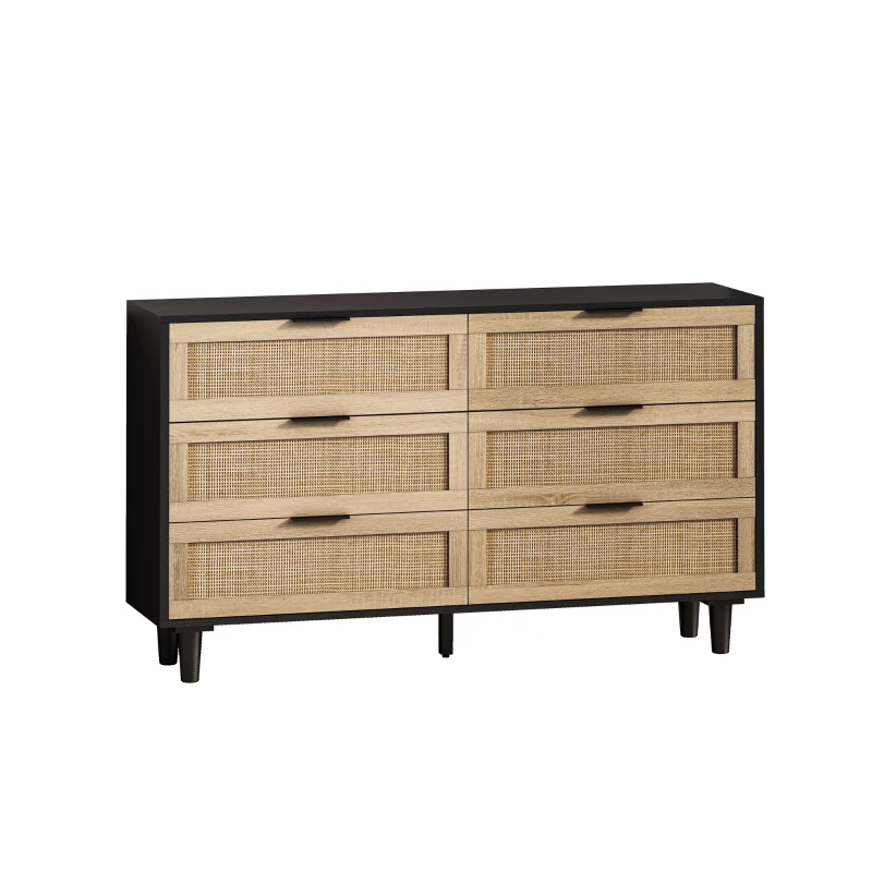 Rattan-Kommode mit 6 Schubladen, für Schlafzimmer, Wohnzimmer, 130 x 40 x 75 cm, Schwarz