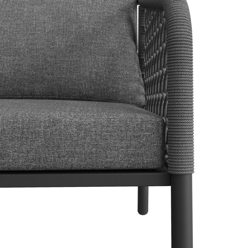 Set da giardino, Set di divani da esterno moderno con piano del tavolo in vetro e cuscini di seduta e schienale, Grigio