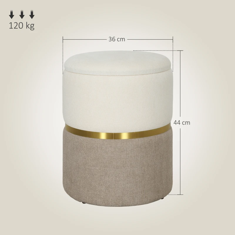 HOMCOM Sitzhocker mit Stauraum Hocker mit Deckel, Metallring, zweifarbig Design 36 x 36 x 44 cm Cremeweiß(m-3)