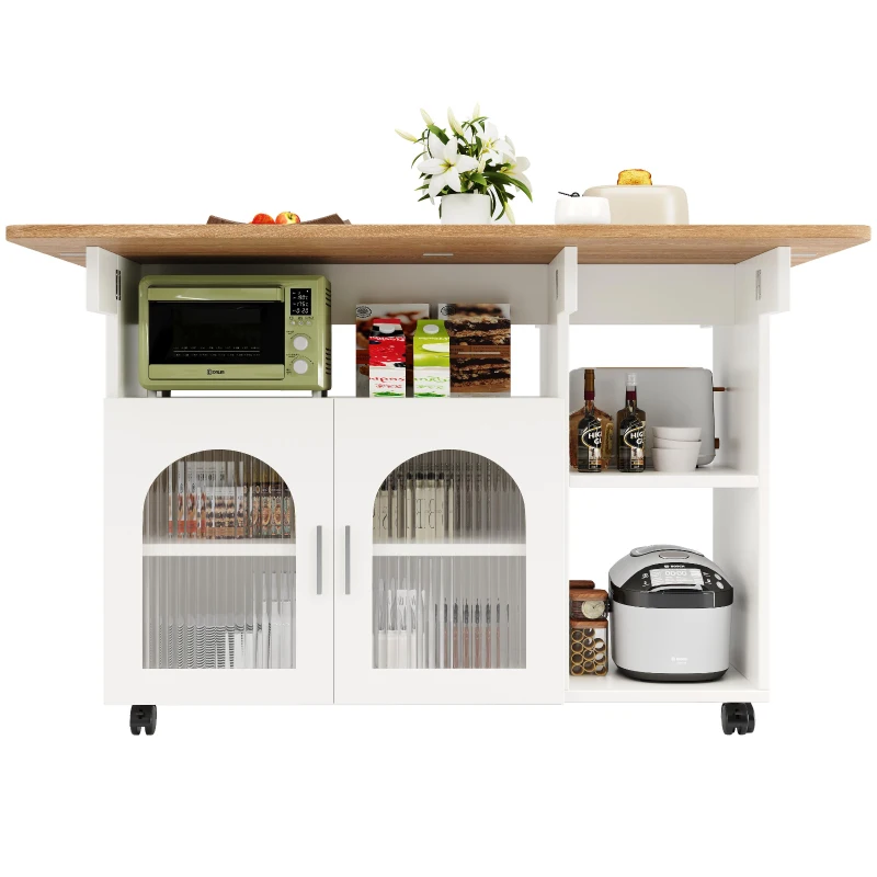 Isla de Cocina Moderna Carrito de Servicio Multifuncional con Espacio de Almacenamiento y Armarios con Puertas de Vidrio 120x30/70x79,5 cm Blanco y Natural