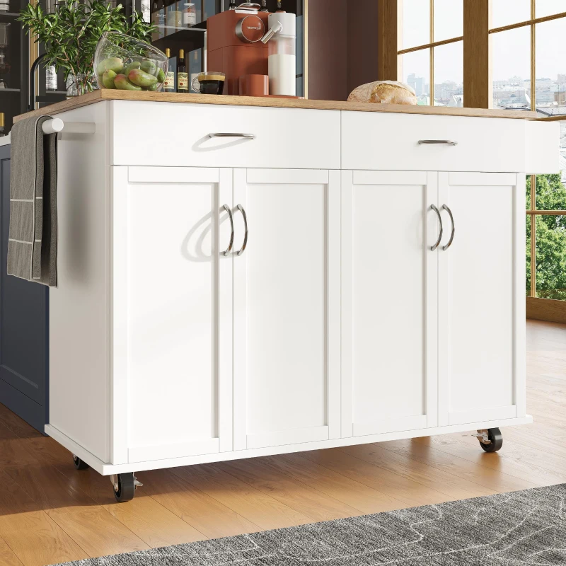 Îlot de cuisine moderne avec plan de travail rabattable, espace de rangement multifonctionnel et roulettes, 106×50×90,5 cm, Blanc