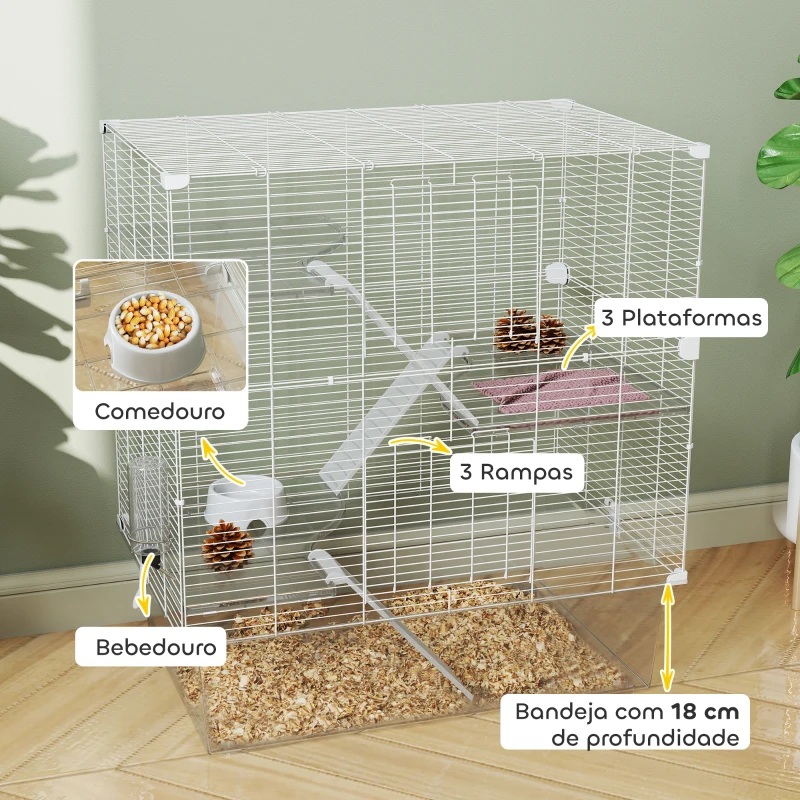 PawHut Gaiola para Pequenos Animais de 4 Níveis com Bandeja Inferior Gaiola para Roedores com Rampas Comedouro e Bebedouro 73x47x80 cm Branco