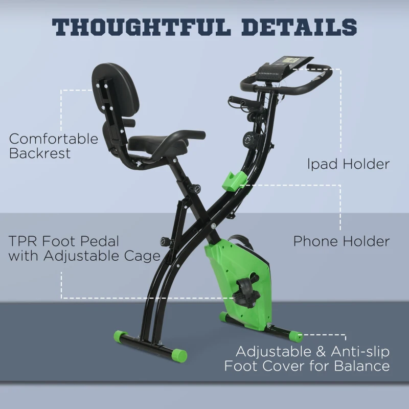 HOMCOM 2-in-1 Folding Exercise Bike with 8-Level Magnetic Resistance, Arm Resistance Band, Pulse Sensor, Green