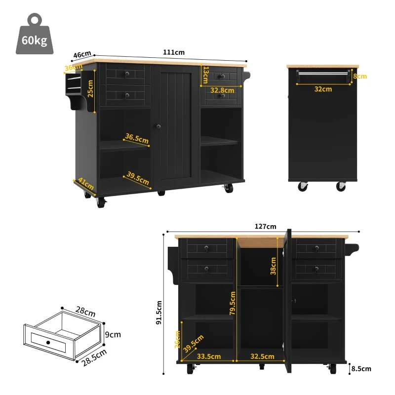 Îlot de cuisine moderne, espace de rangement multifonctionnel, 127x46x91,5 cm, Noir