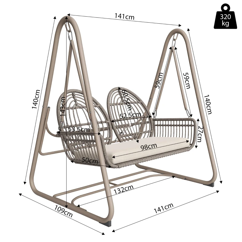 Balancelle de jardin pour 2 personnes, balancelle avec dossier, 141×109×143 cm, Beige＋Marron
