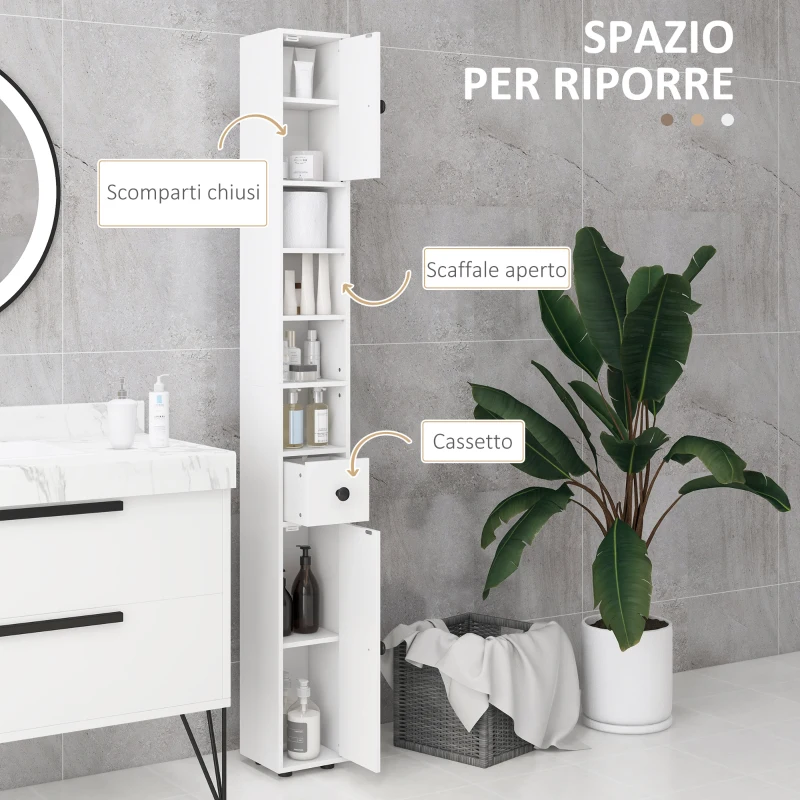 kleankin Mobile Colonna Bagno con Cassetto, 2 Armadietti e 4 Ripiani Aperti, in Legno, 20x20x180 cm, Bianco