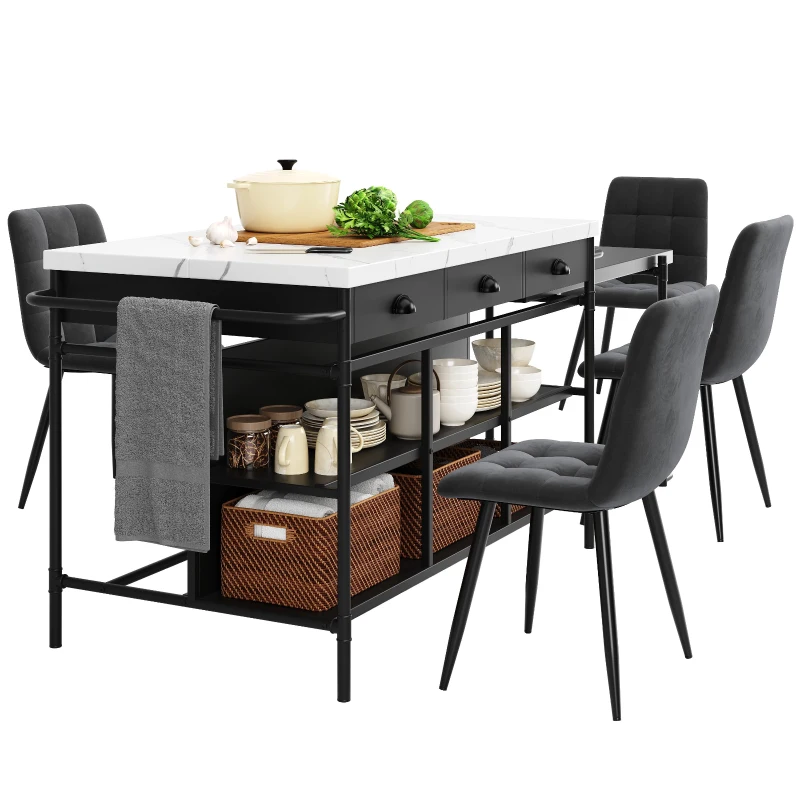 Îlot de cuisine avec espace de rangement et plateau extensible, design multifonctionnel, Noir+Blanc(m-11)