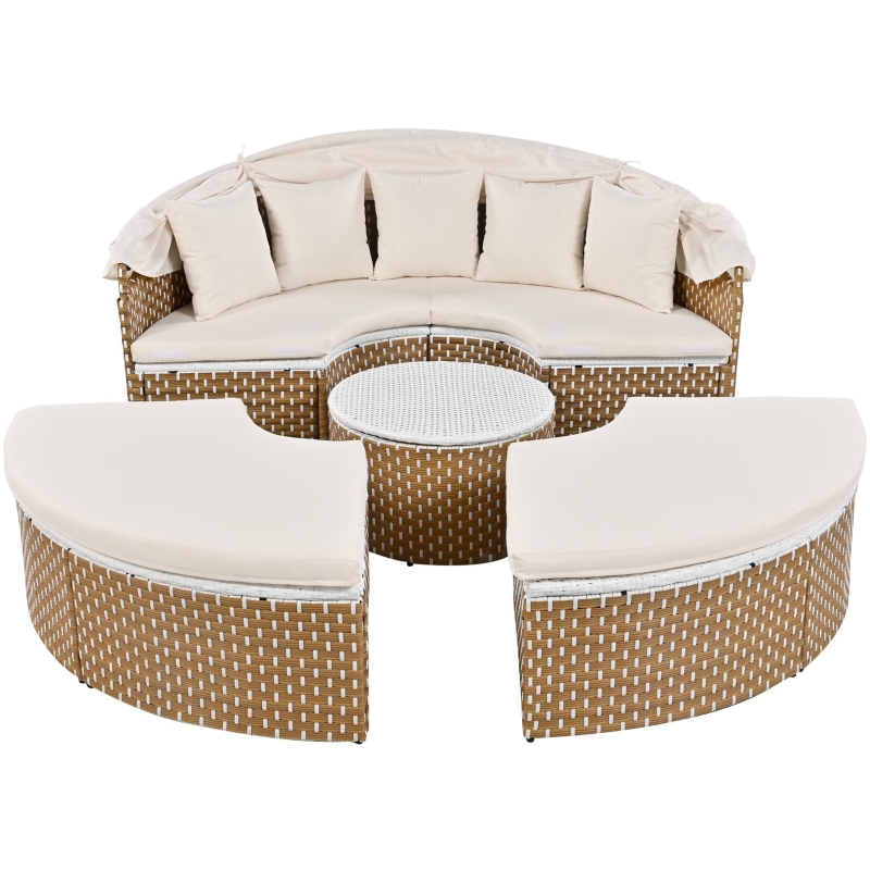 Ensemble de fauteuils de jardin-lounge, île ensoleillée avec baldaquin rétractable et plateau de table relevable, Beige